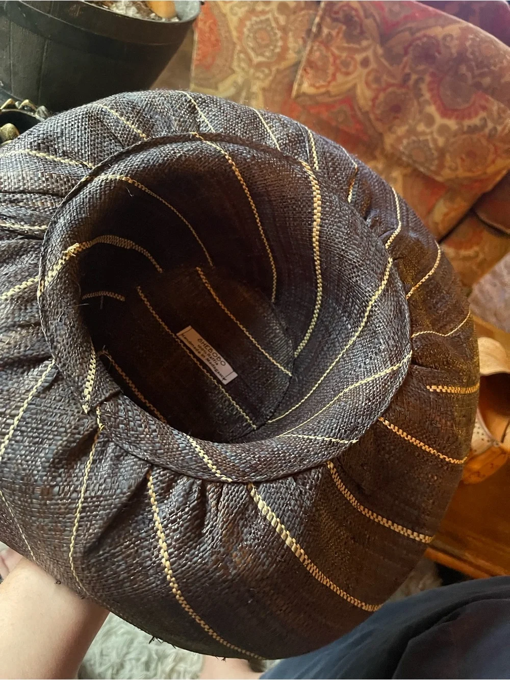 Women's Black Straw Fedora with Tan Pinstripe Detail